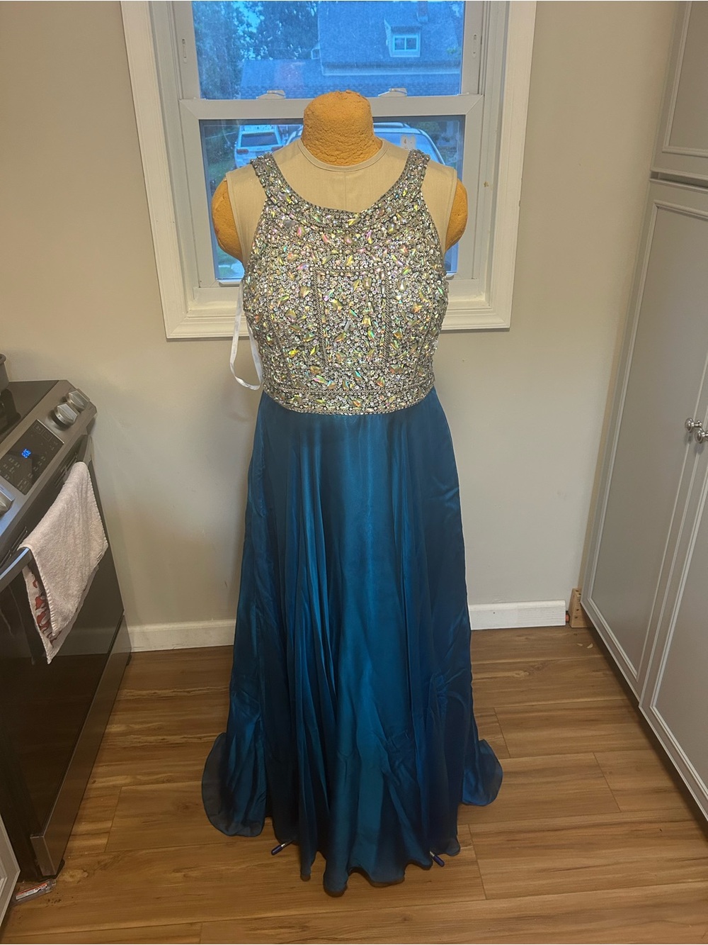Tiffany Designs Teal and Silver Beaded Prom Gown Size 16